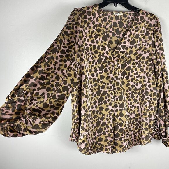 Jodifl Womens Blouse M Leopard Print Long Bubble Sleeve Relaxed Fit Work Career - Picture 3 of 9